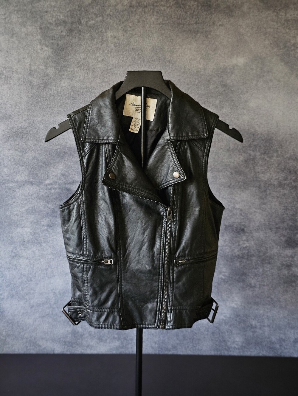 Sleeveless Asymmetrical Zip Black Leather Vest